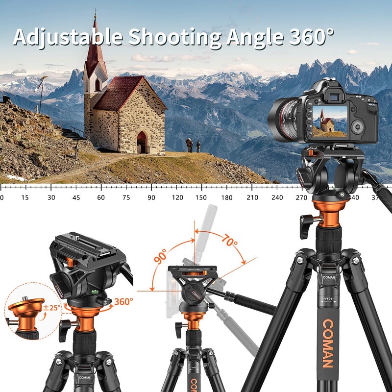 COMAN حامل كاميرا COMAN 73" مع رأس سائل، حامل خفيف الوزن محمول للكاميرا مع monopod قابل للفصل من سبائك الألومنيوم ولوحة QR لكاميرا DJI Canon Nikon Sony DSLR باللون الأسود، الحد الأقصى للحمولة 22.04 رطل (FF06S) - Image 5